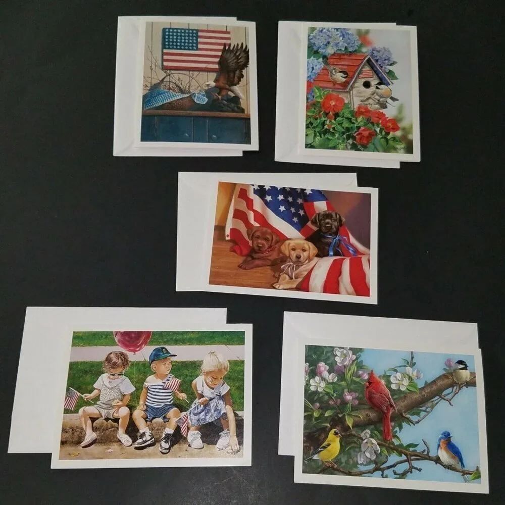 5 Blank Greeting Cards Lot Red White Blue Patriotic Bird Dog Flag Eagle Children
